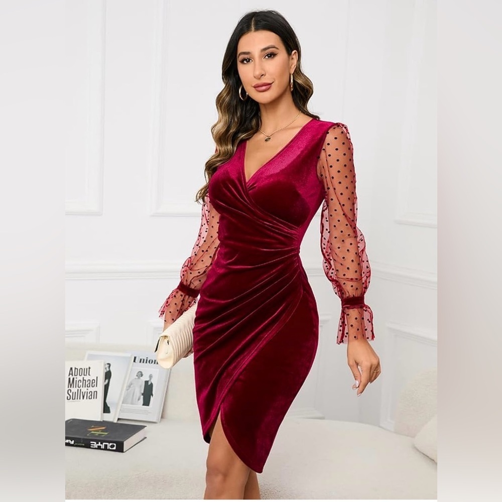 IHOT Women's V Neck Long Sheer Sleeve Velvet Faux Wrap Ruched Sheath Bodycon
